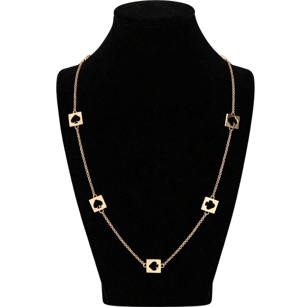 Kate Spade Hole Punch Spade Long Station Necklace Gold Tone Logo Charms
